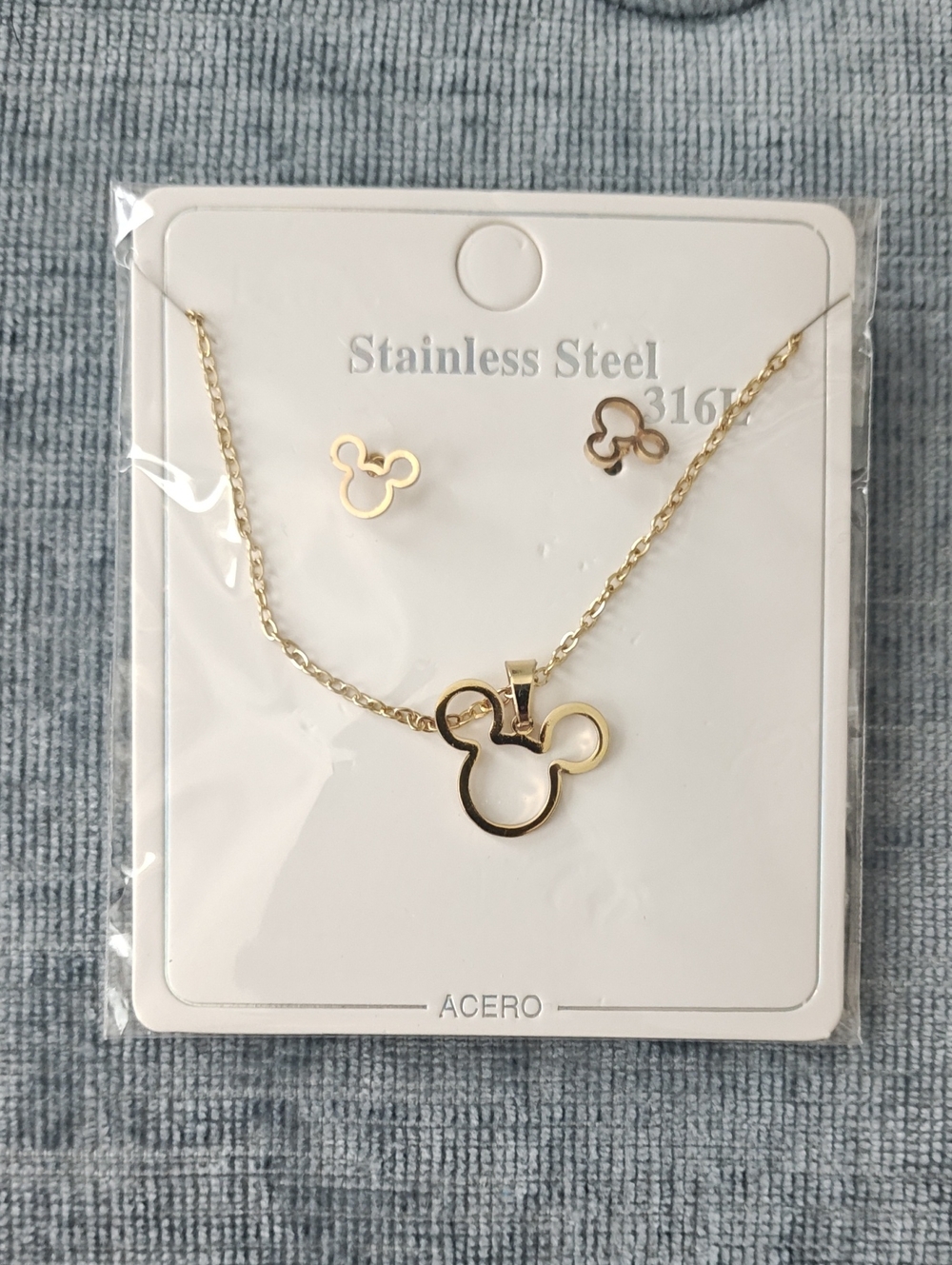 Gold Kids Stainless Steel Mouse Pendant Necklace and Stud Earrings Set